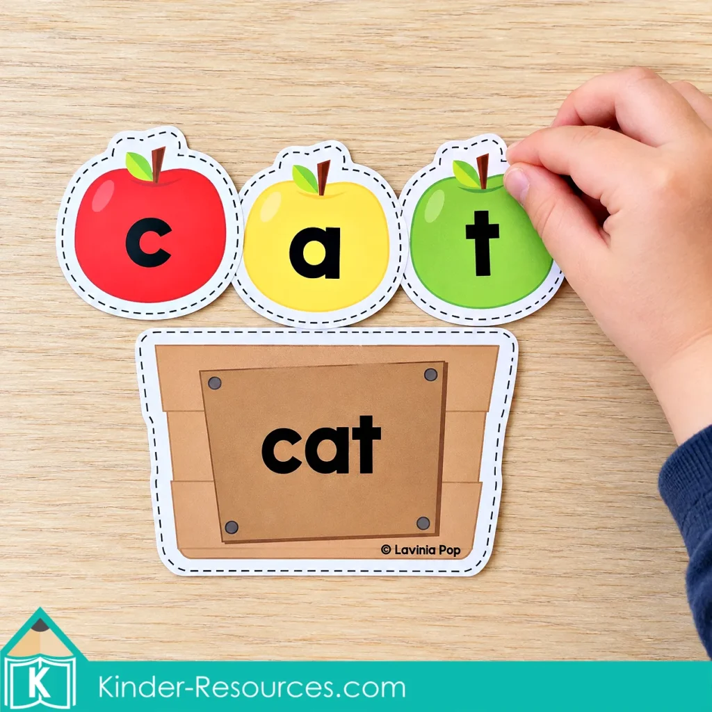 Child placing a green t apple beside c and a apples to spell cat above a matching word crate.