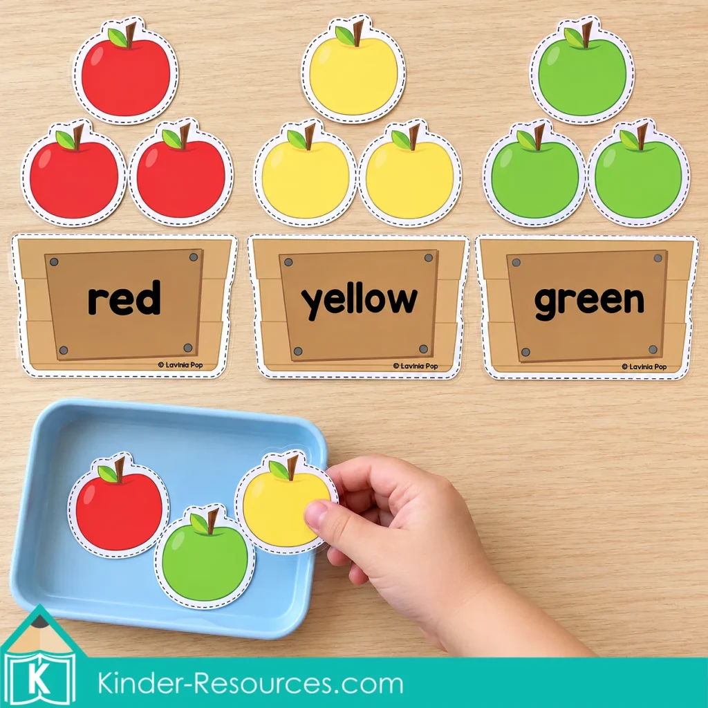 Red, yellow, and green apples sorted above matching color word crates, with a child holding a yellow apple beside a blue tray.