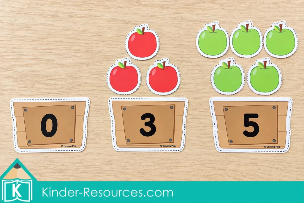 Crates labeled 0, 3, and 5 with no apples, three red apples, and five green apples above the corresponding numbers.