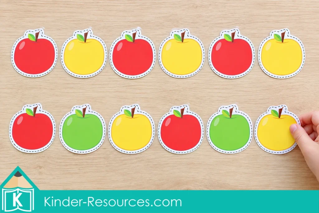 Apple cutouts arranged in a red-yellow AB pattern and a red-green-yellow ABC pattern, with a hand placing the final apple.