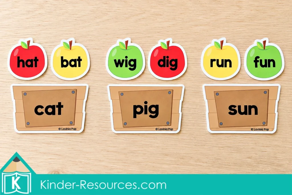 Apples labeled hat and bat above cat, wig and dig above pig, and run and fun above sun word crates.