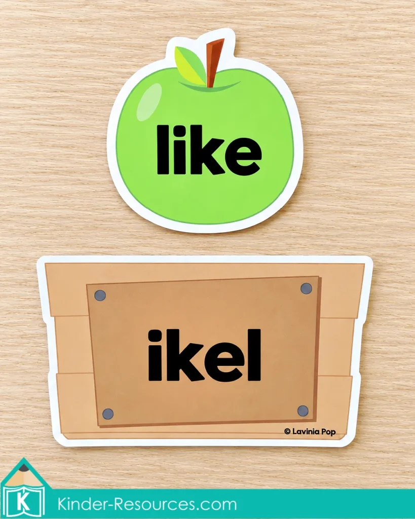 Green apple labeled like above a crate showing the scrambled letters ikel.