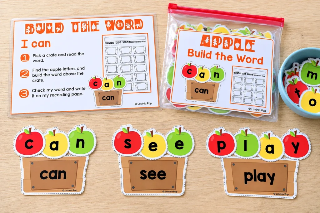 Editable sight word apple activity with can, see, and play word crates, an I Can card, a labeled storage bag, and a bowl of apple letters.