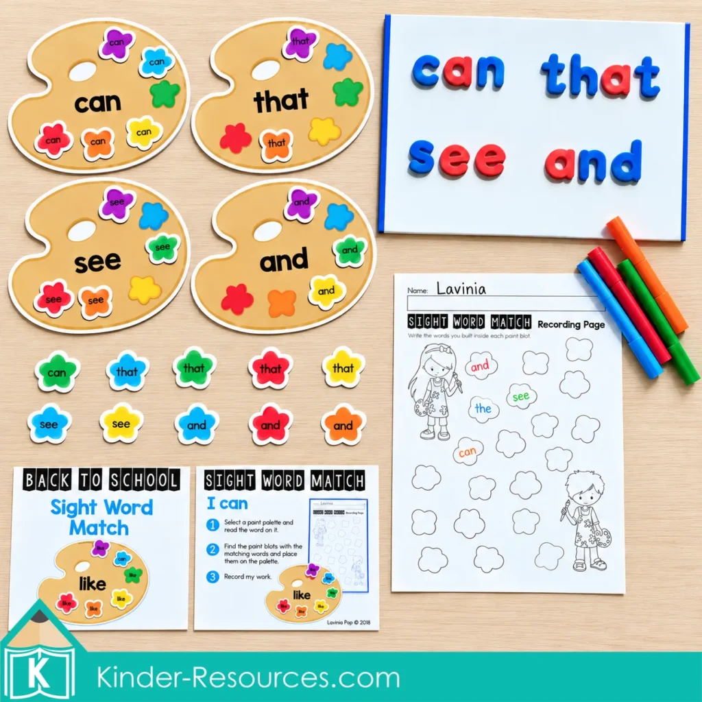 Editable sight word centers for kindergarten with paint palette matching cards, magnetic letters, and a recording page.