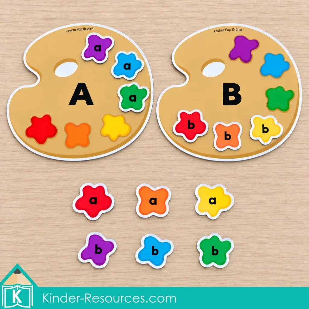 Alphabet matching activity for preschool with uppercase A and B palettes and lowercase a and b paint blots.