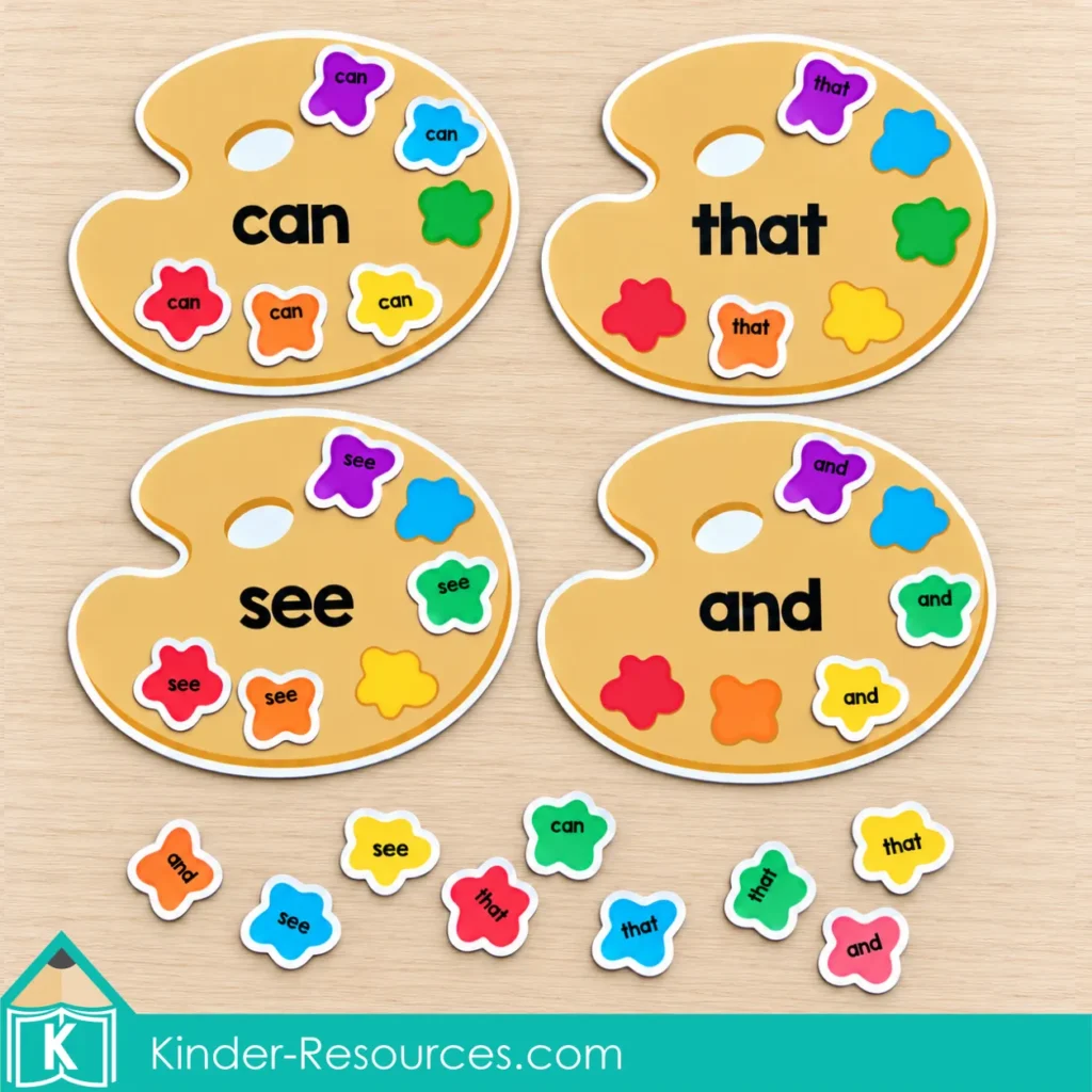 Sight word matching activity for kindergarten with colorful paint blots and palettes labeled ‘can,’ ‘that,’ ‘see,’ and ‘and.’