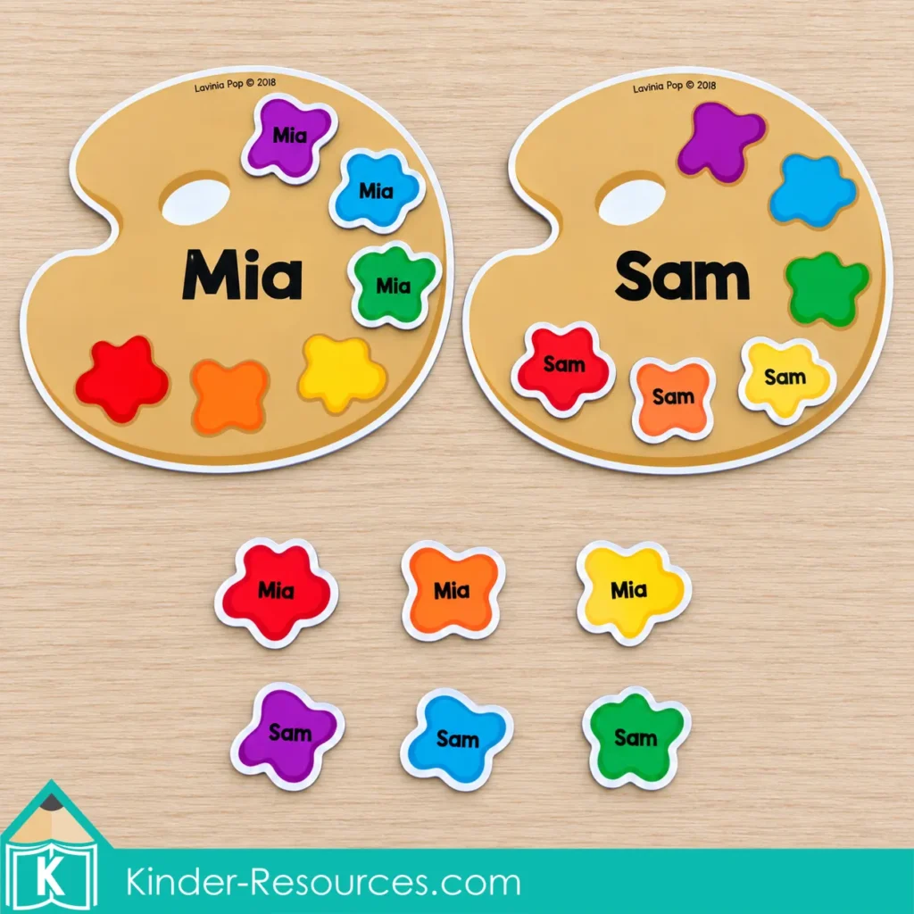 Editable name recognition activity for preschool with “Mia” and “Sam” paint palettes and matching colorful name blots.
