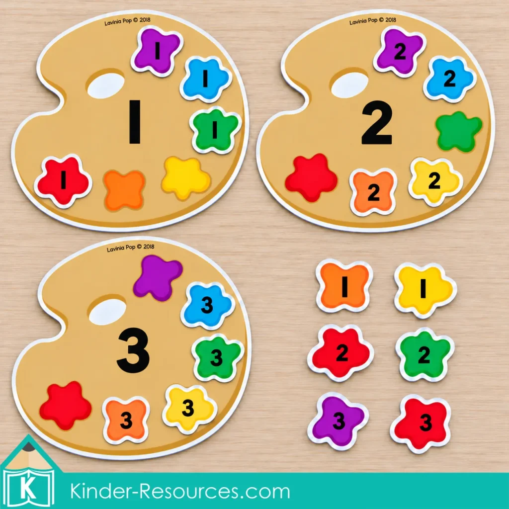 Number recognition activity for preschool with palettes labeled 1, 2, and 3 and matching numbered paint blots.
