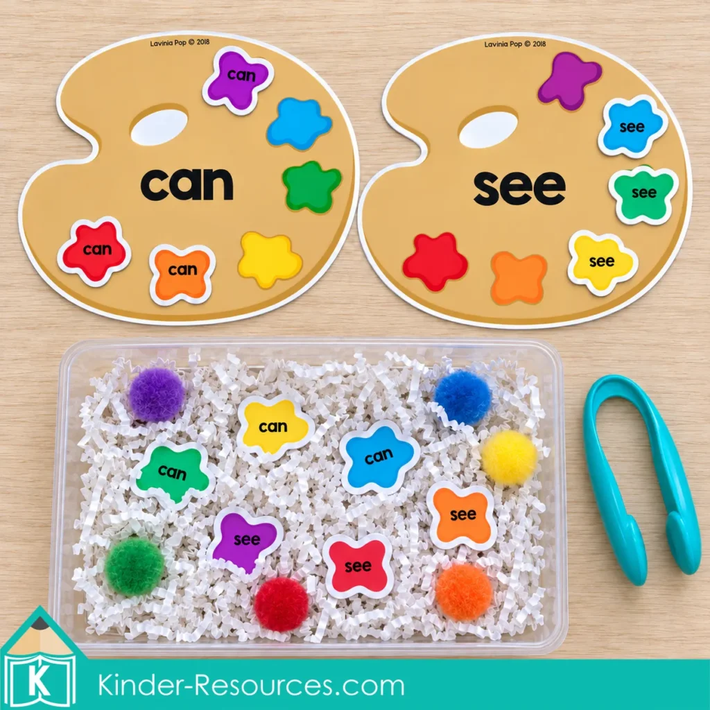 Sight word sensory bin for kindergarten with “can” and “see” paint blots, matching palettes, paper filler, and tongs.
