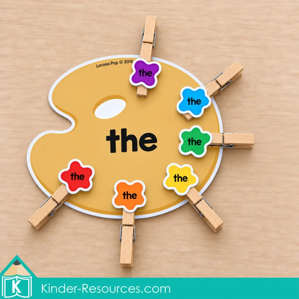 Sight word the matching activity for kindergarten with paint blots mounted on wooden clothespins around a palette.
