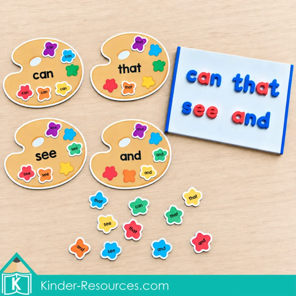 Sight word spelling activity for kindergarten with magnetic letters and paint palettes for ‘can,’ ‘that,’ ‘see,’ and ‘and.’