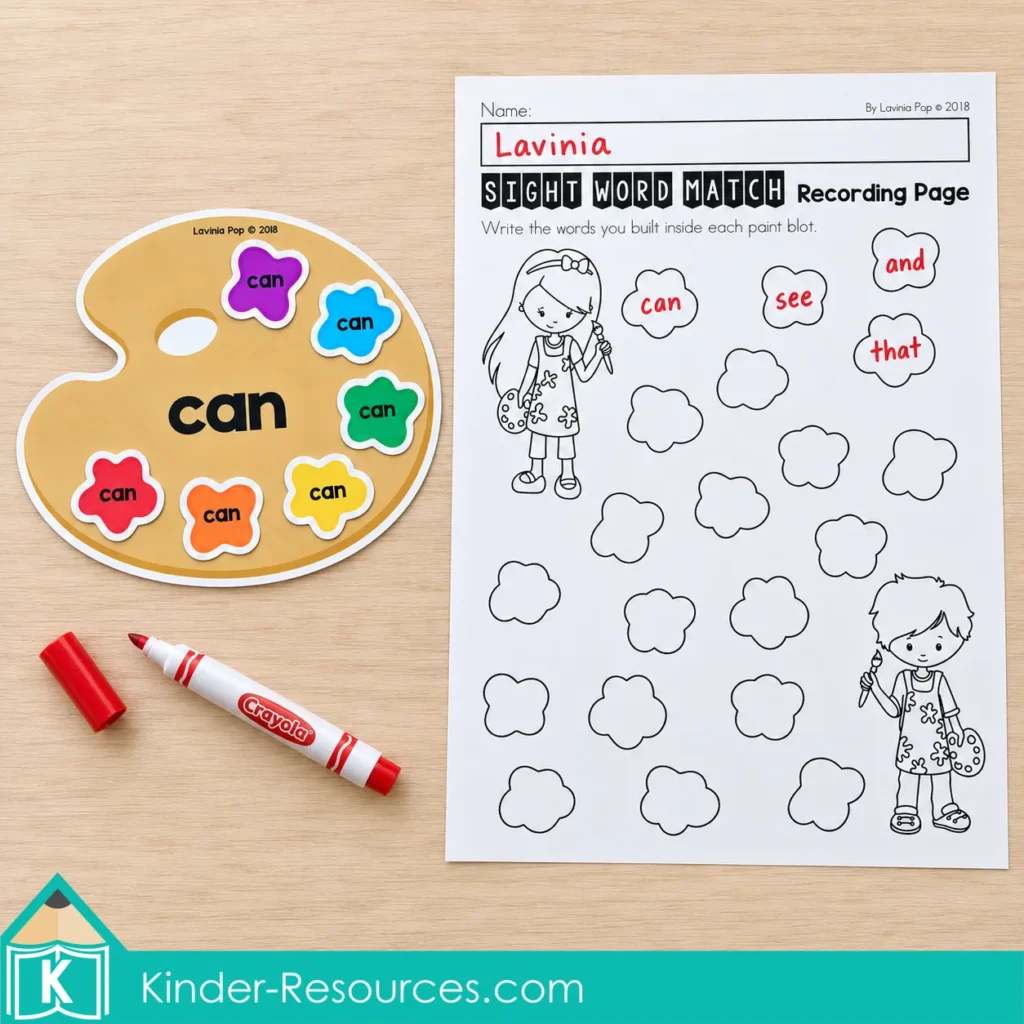 Sight word writing practice for kindergarten with a completed can palette and a paint blot recording page.