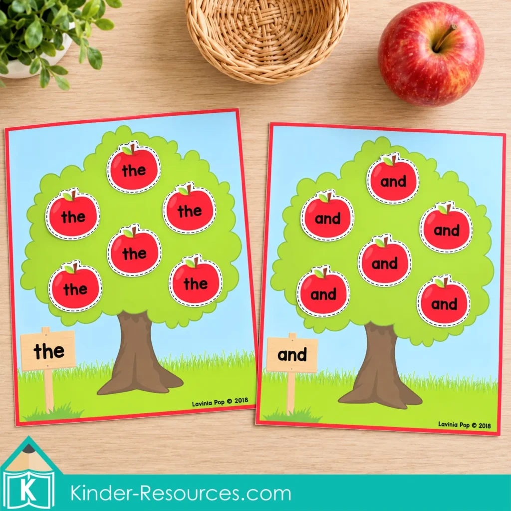 Two apple tree mats labeled “the” and “and,” each filled with six matching sight word apples.