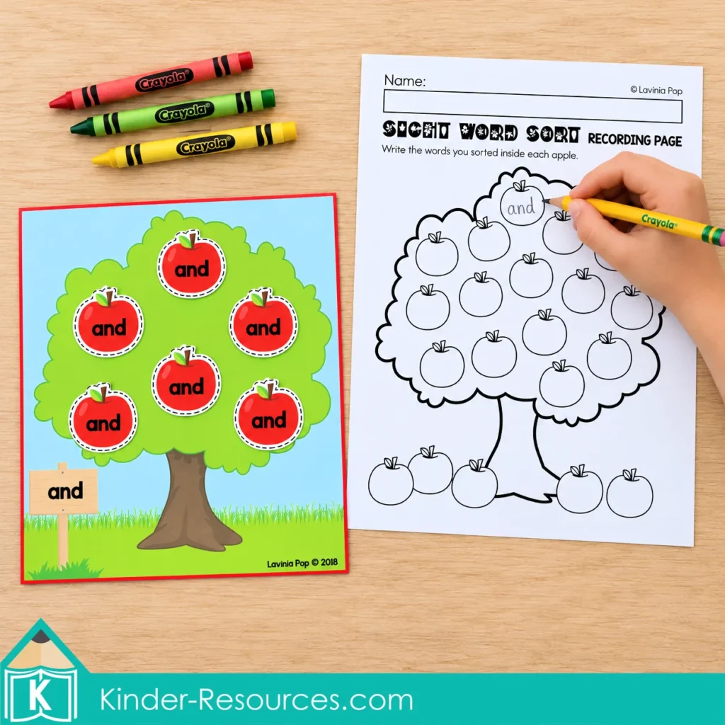 Child writing “and” inside an apple on the recording page beside a completed tree mat with six “and” apples.