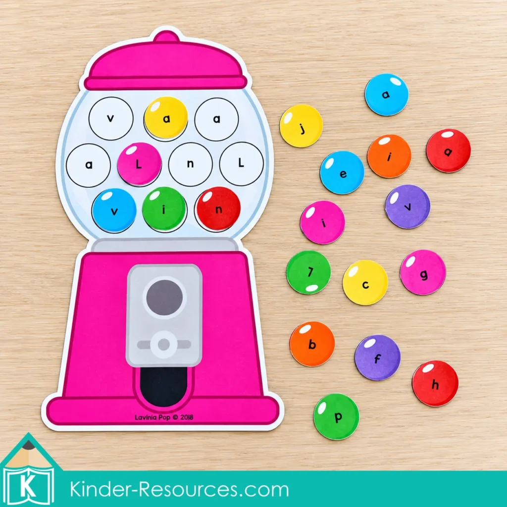Pink gumball machine with letters from the name Lavinia and colorful matching letter cards.
