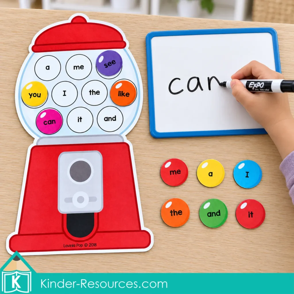 Child writing “can” on a whiteboard beside a red gumball machine with matching sight word cards.