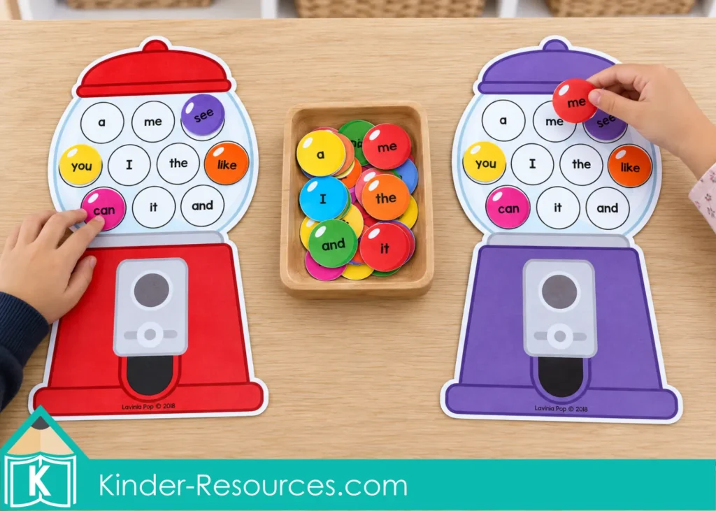 Two children matching sight word cards to red and purple gumball machines beside a shared tray of cards.