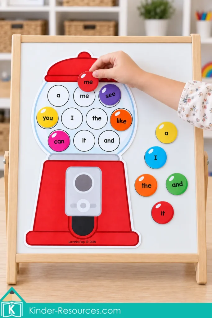 Editable sight word center on a magnetic easel, with a child’s hand matching the “me” gumball card.