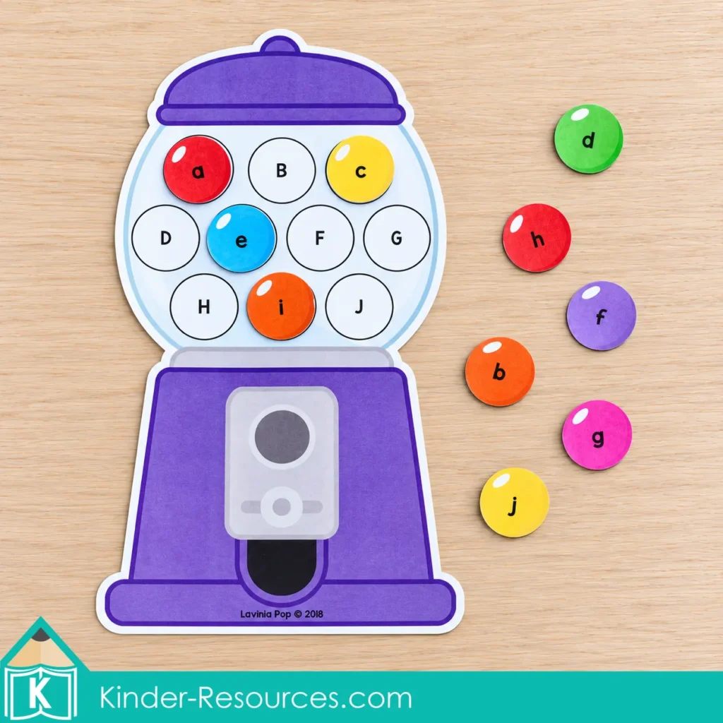 Purple gumball machine with uppercase letters A to J and colorful lowercase cards for alphabet matching.