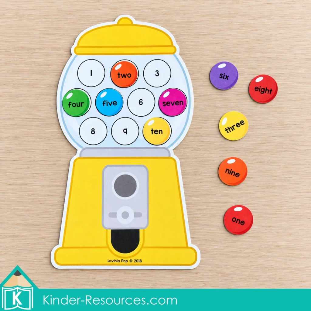 Yellow gumball machine with numerals 1 to 10 and colorful cards showing the matching number words.