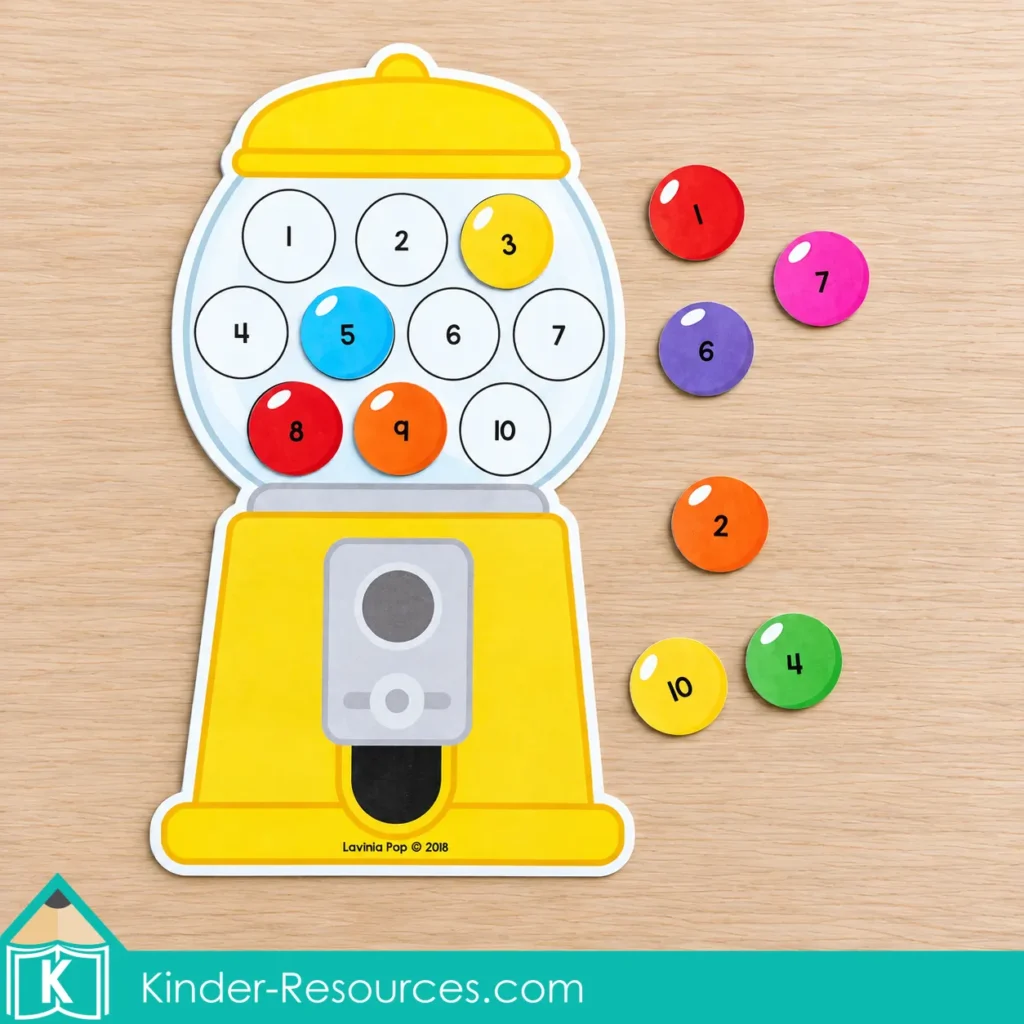 Yellow gumball machine with colorful number cards for matching numerals 1 to 10.