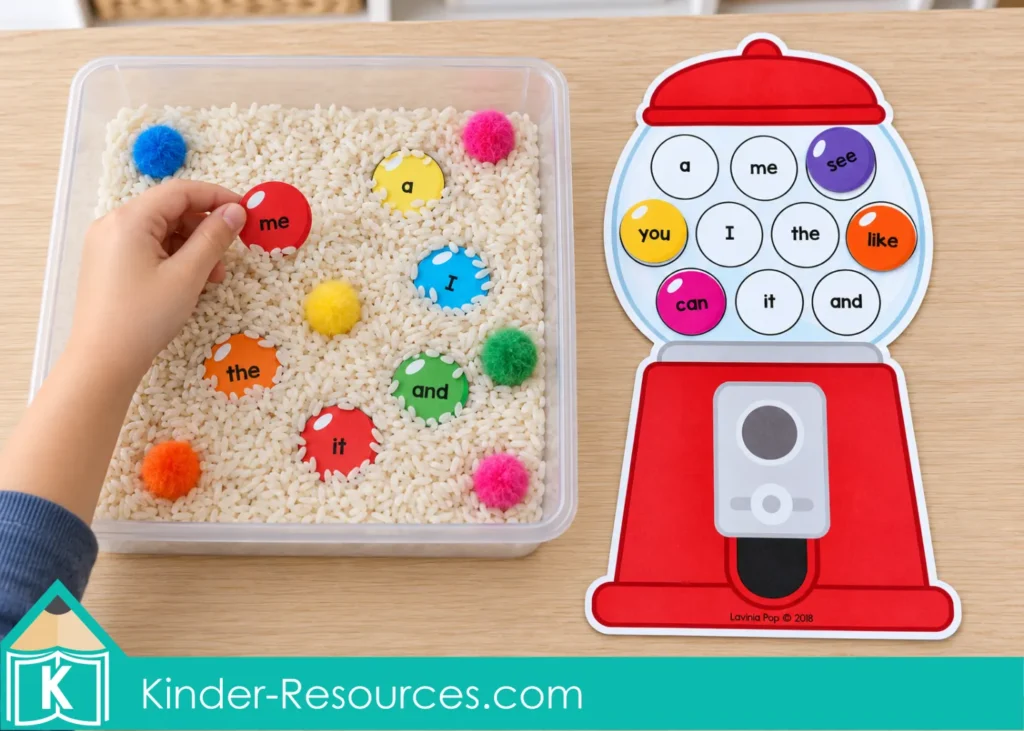Child’s hand lifting a “me” card from a rice sensory bin beside a red gumball sight word machine.