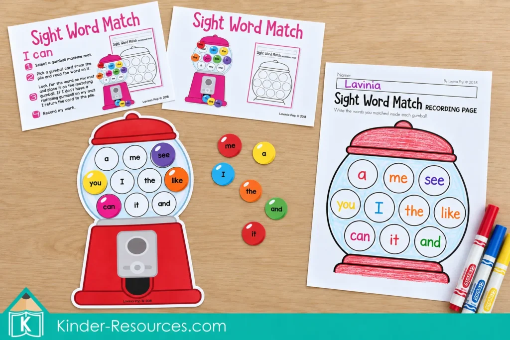 Gumball sight word center with word cards, an “I can” card, a center label, and a completed recording page.