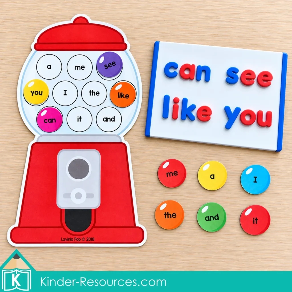 Red gumball sight word machine beside a magnetic board spelling “can,” “see,” “like,” and “you.”