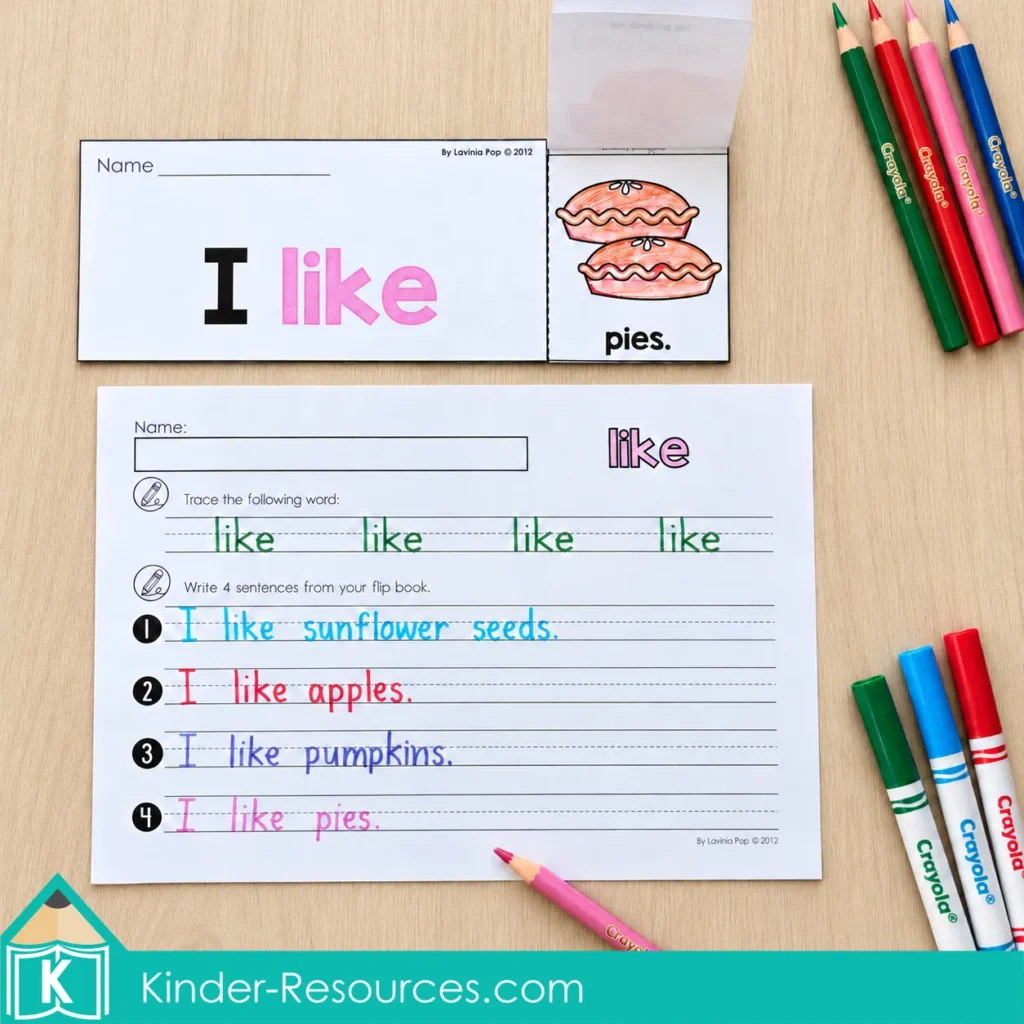 Fall sight word “like” flip book and worksheet with word tracing and sentence writing about sunflower seeds, apples, pumpkins, and pies.