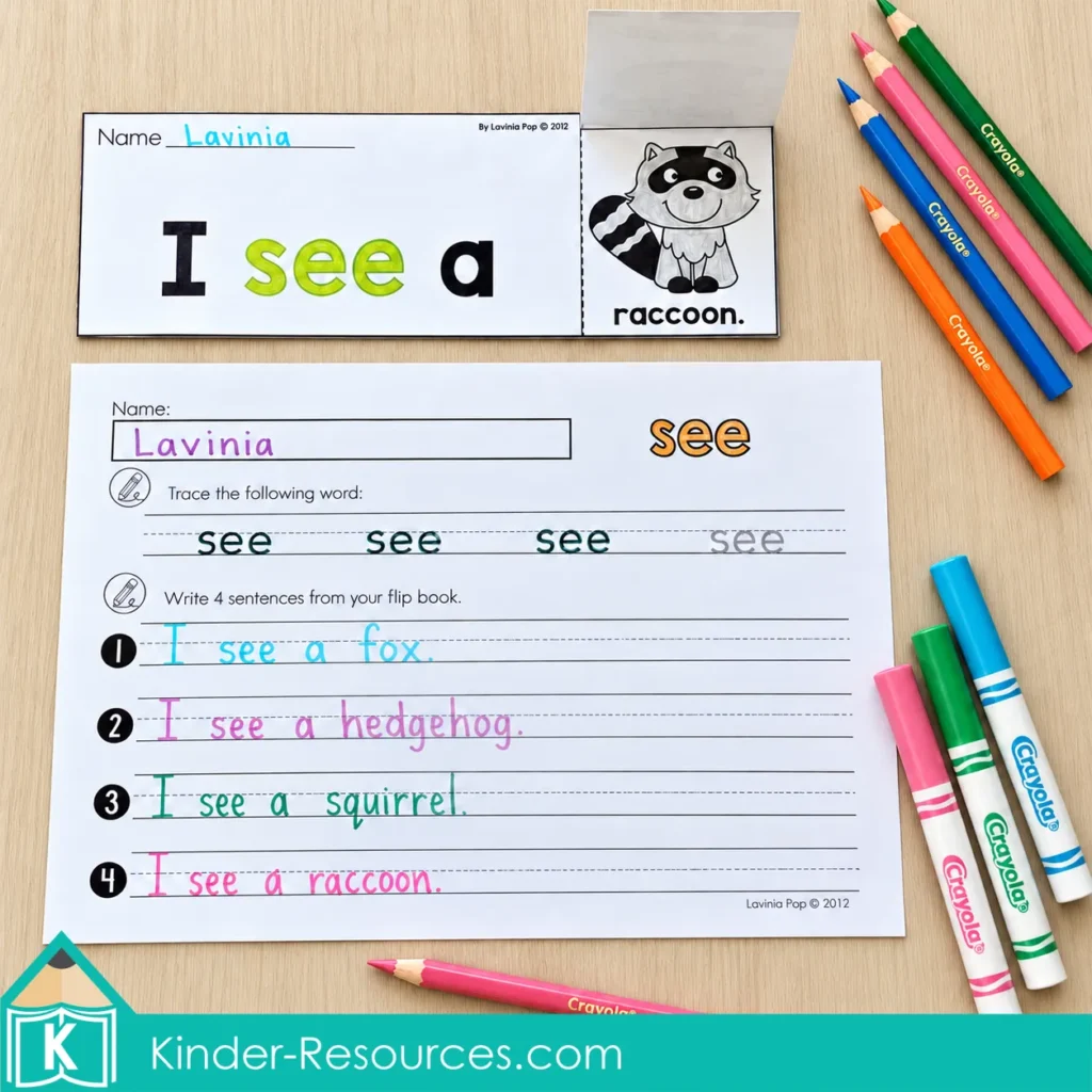 Fall animal sight word flip book and worksheet with “I see a” sentences, word tracing, and writing practice using animal vocabulary.