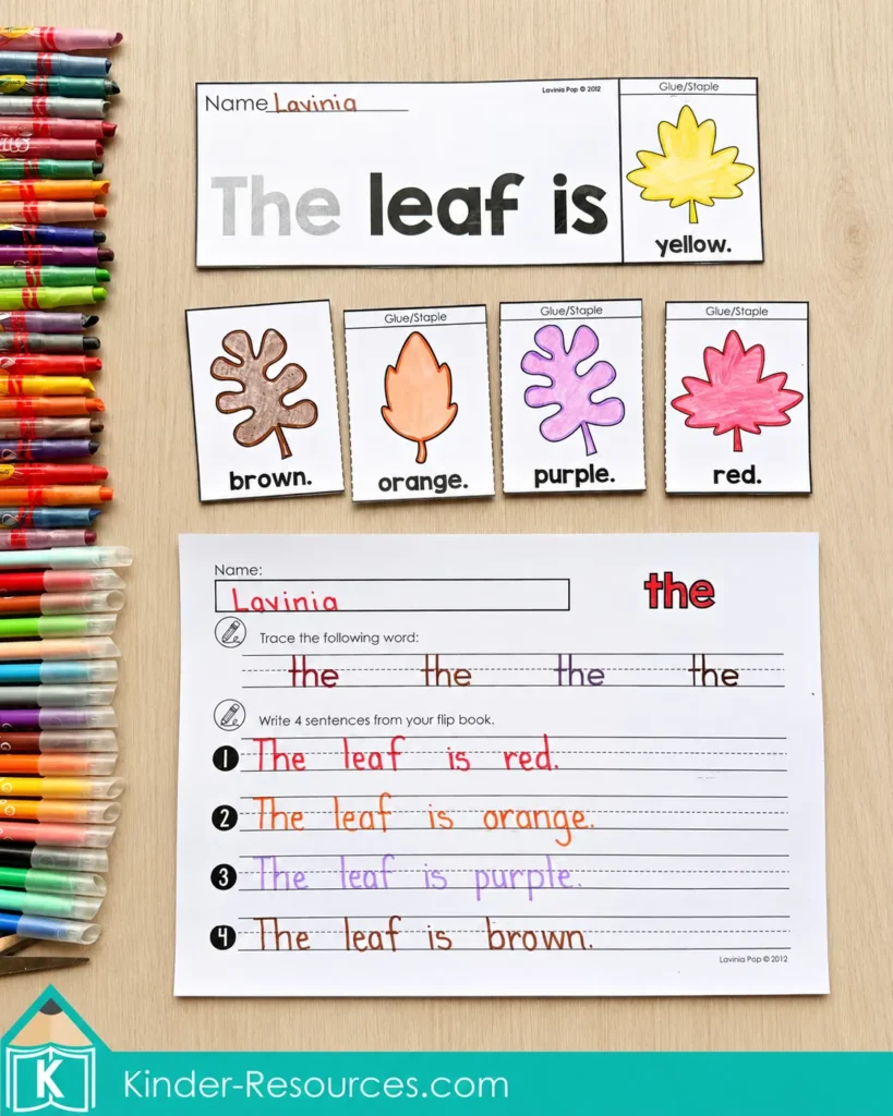 Fall leaf color flip book and sight word “the” worksheet with color words, tracing, and sentence writing practice for kindergarten.