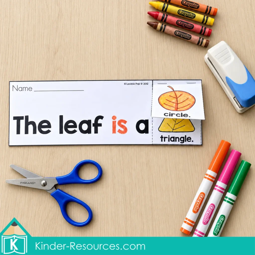 Fall leaf shape flip book for kindergarten with changing picture cards for naming shapes and reading “The leaf is a” sentences.