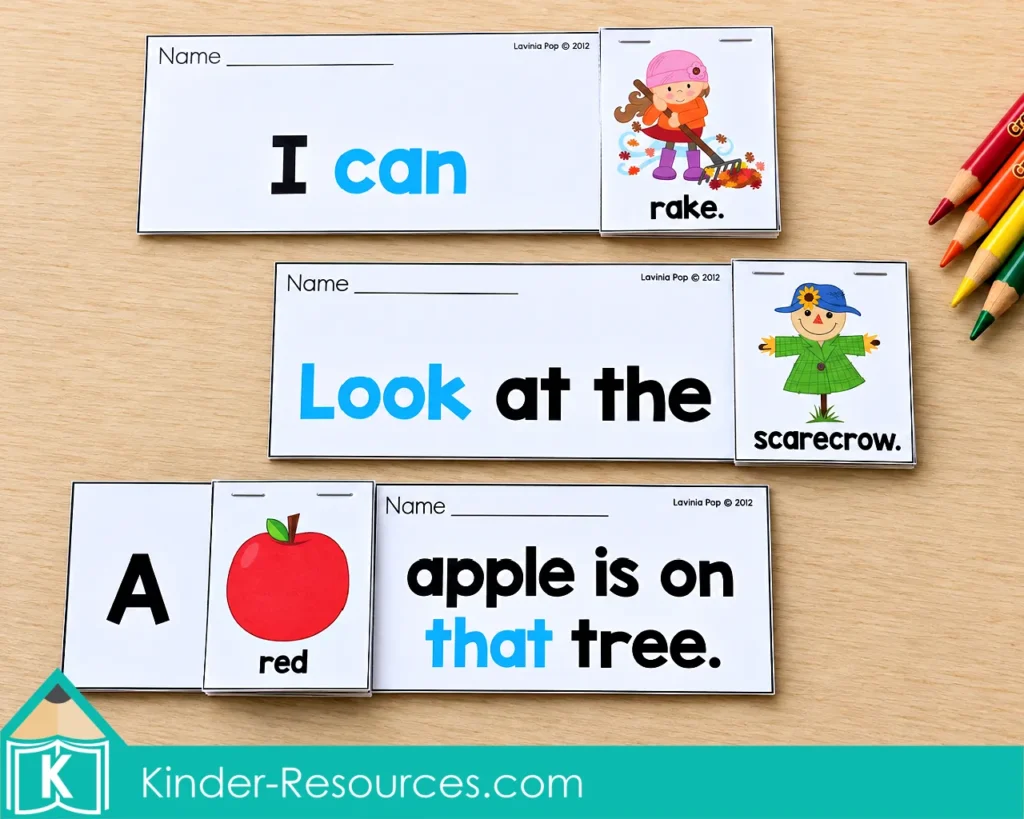 Fall sight word fluency flip books for kindergarten with simple autumn sentences practicing the words can, look, and that.