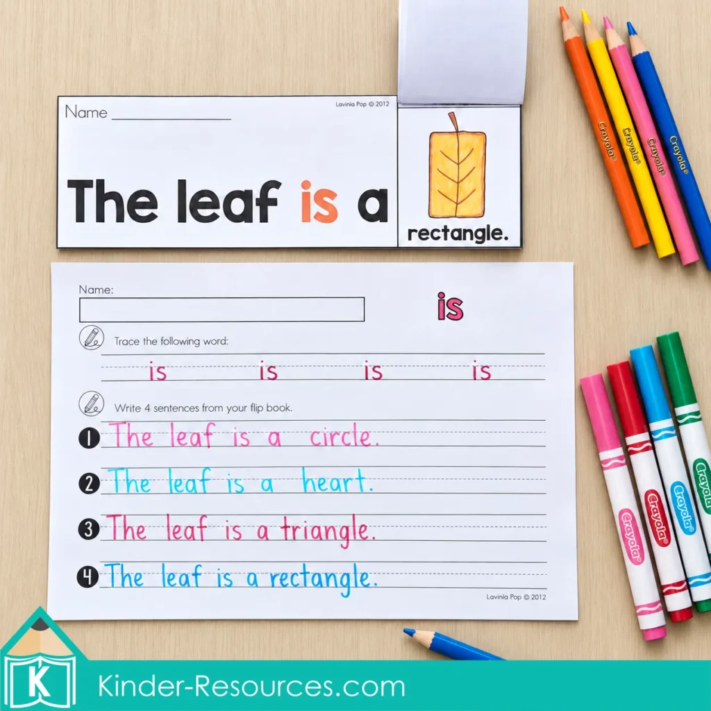 Fall sight word “is” flip book and worksheet with tracing and sentence writing practice about circle, heart, triangle, and rectangle leaf shapes.