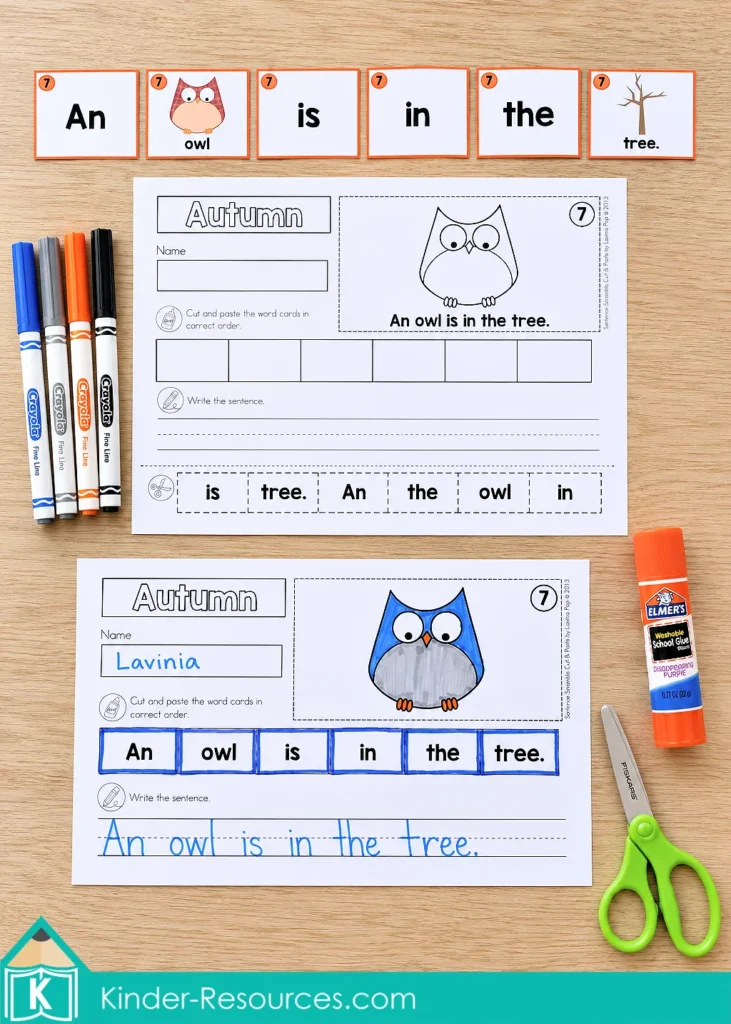 Autumn Sentence Scramble cards reading “An owl is in the tree.” above blank and completed owl worksheets.