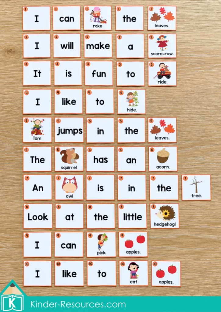 Autumn Sentence Scramble word and picture cards arranged in ten sentence rows about leaves, animals, and apples.