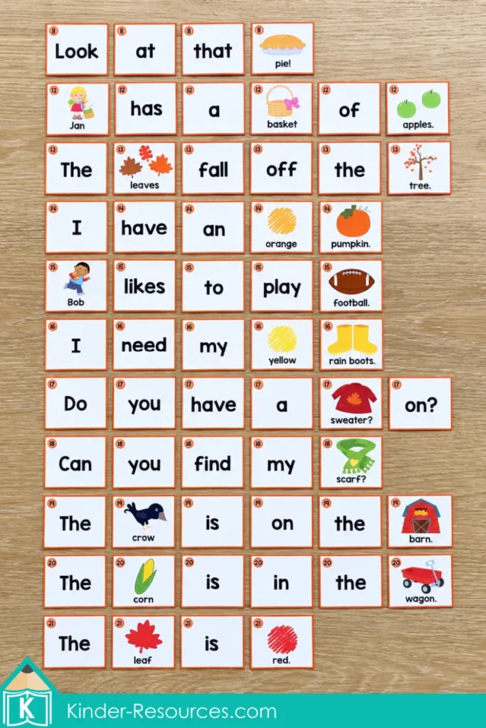 Autumn Sentence Scramble cards for sets 11–21, with sentences about pumpkins, fall clothing, apples, and leaves.