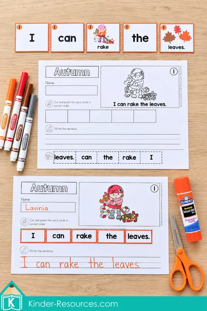 Autumn Sentence Scramble cards reading “I can rake the leaves.” with blank and completed cut-and-paste worksheets.