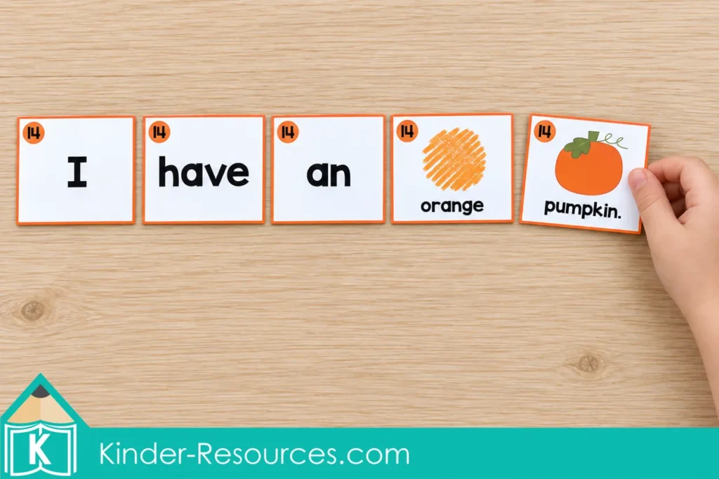 A child placing the final pumpkin card in an Autumn Sentence Scramble sentence reading “I have an orange pumpkin.”