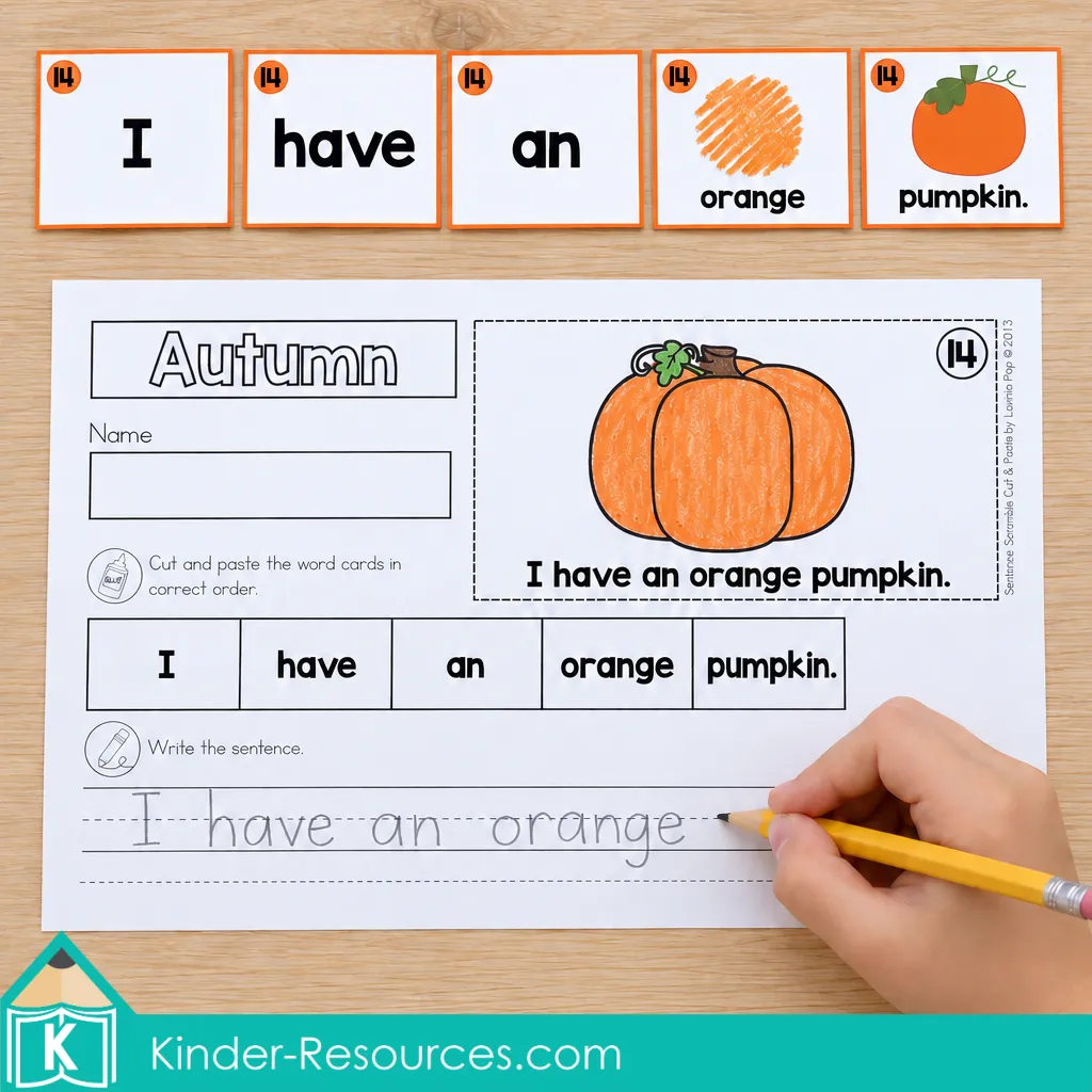 A child copying “I have an orange pumpkin.” on an Autumn Sentence Scramble worksheet with a colored pumpkin.