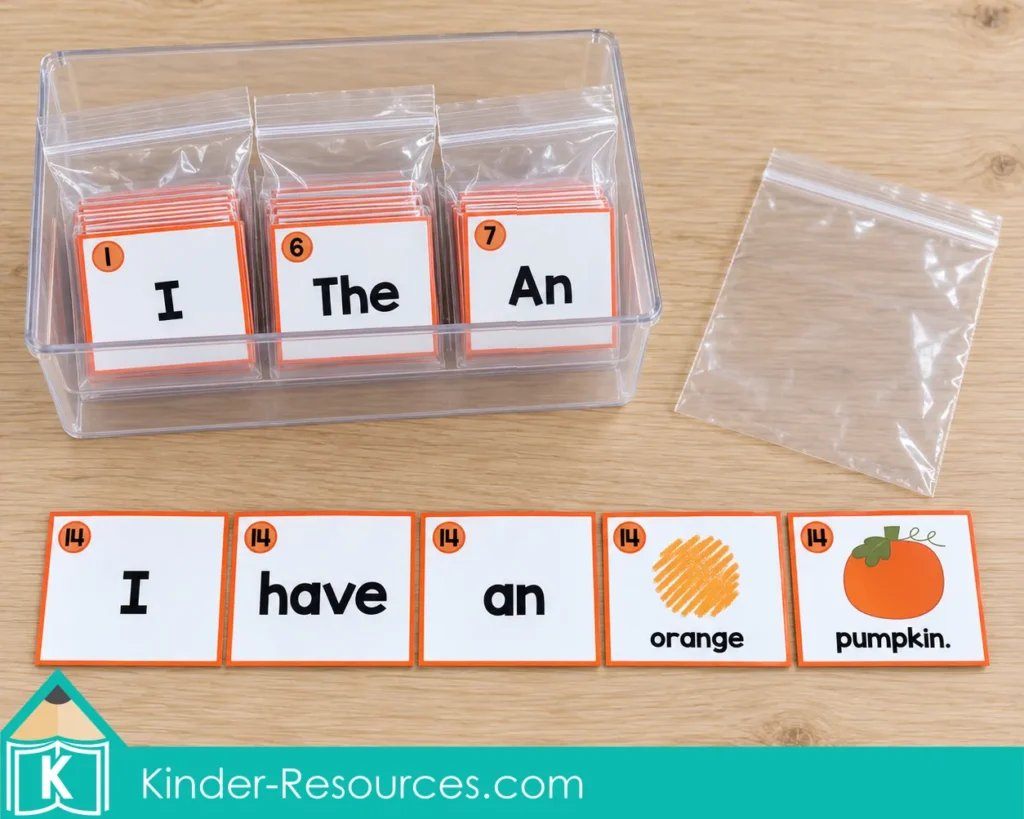 Autumn Sentence Scramble card sets stored in zip-top bags inside a clear box, with pumpkin sentence cards on the table.