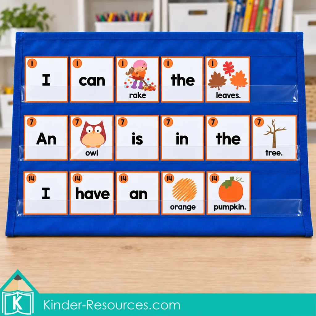 Autumn Sentence Scramble pocket chart displaying three sentences about raking leaves, an owl, and an orange pumpkin.