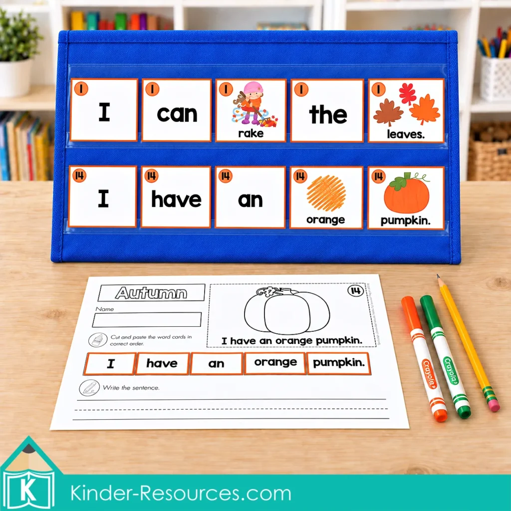 Autumn Sentence Scramble cards about raking leaves and an orange pumpkin in a tabletop pocket chart, with a pumpkin worksheet.