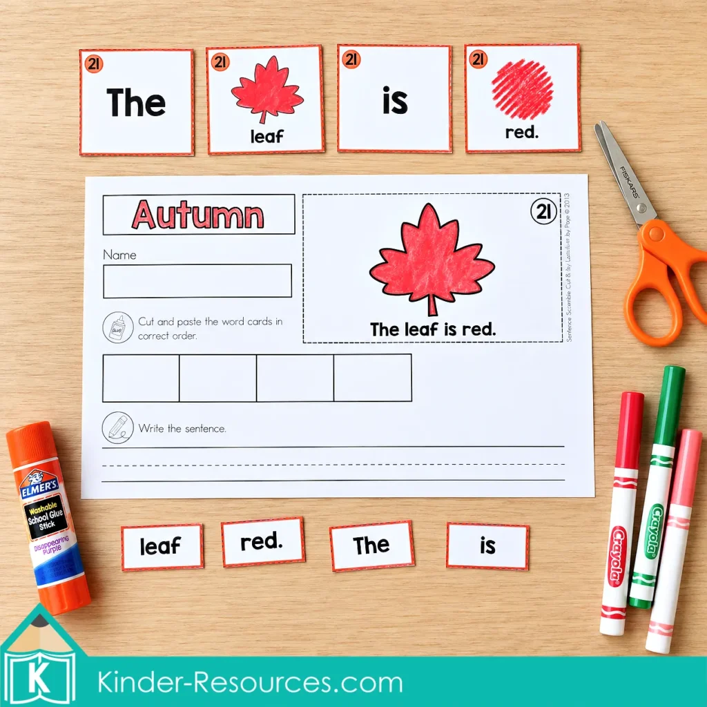 Autumn Sentence Scramble cards reading “The leaf is red.” with a colored leaf worksheet and loose word pieces.