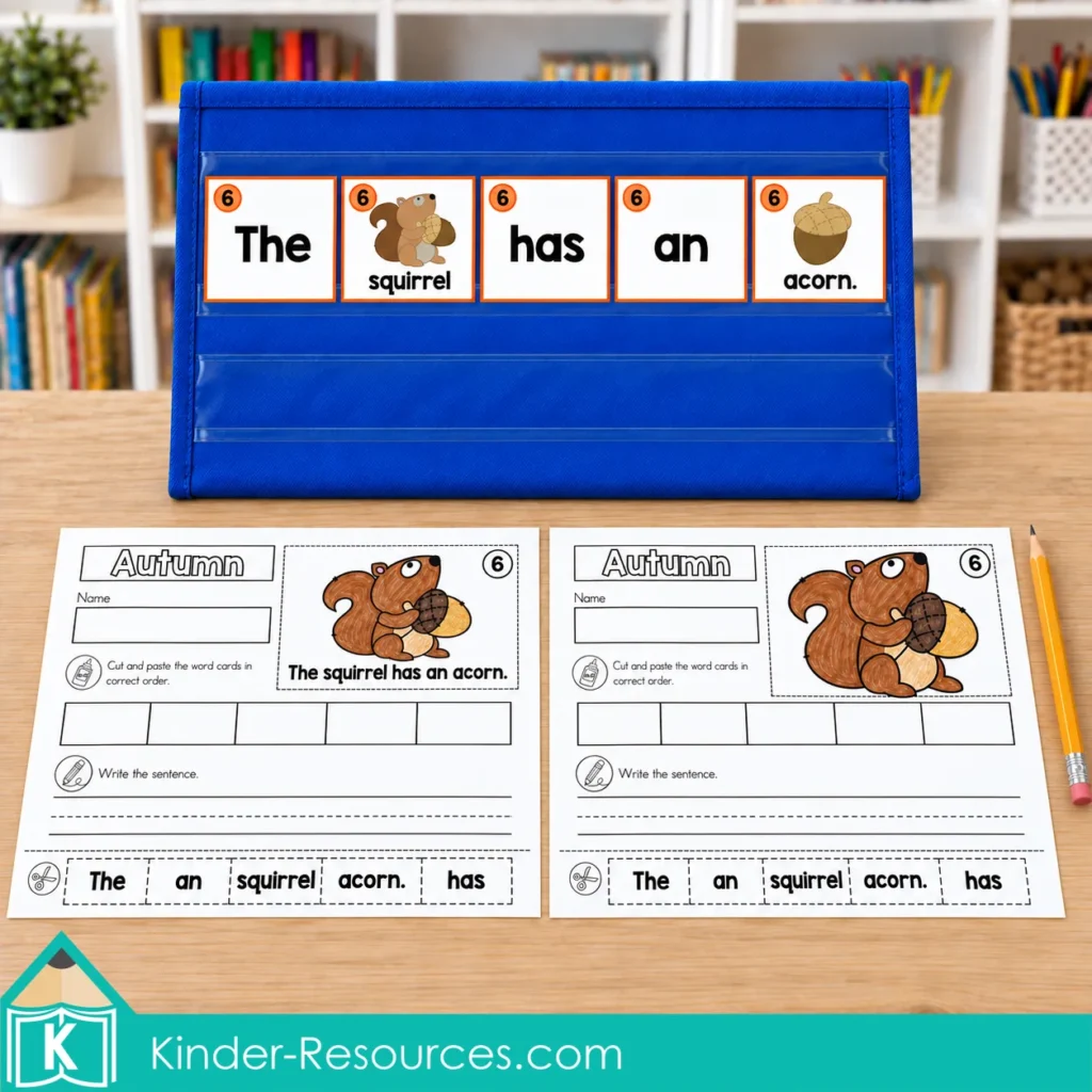 Autumn Sentence Scramble squirrel cards in a pocket chart with colored worksheets, one with a model sentence and one without.