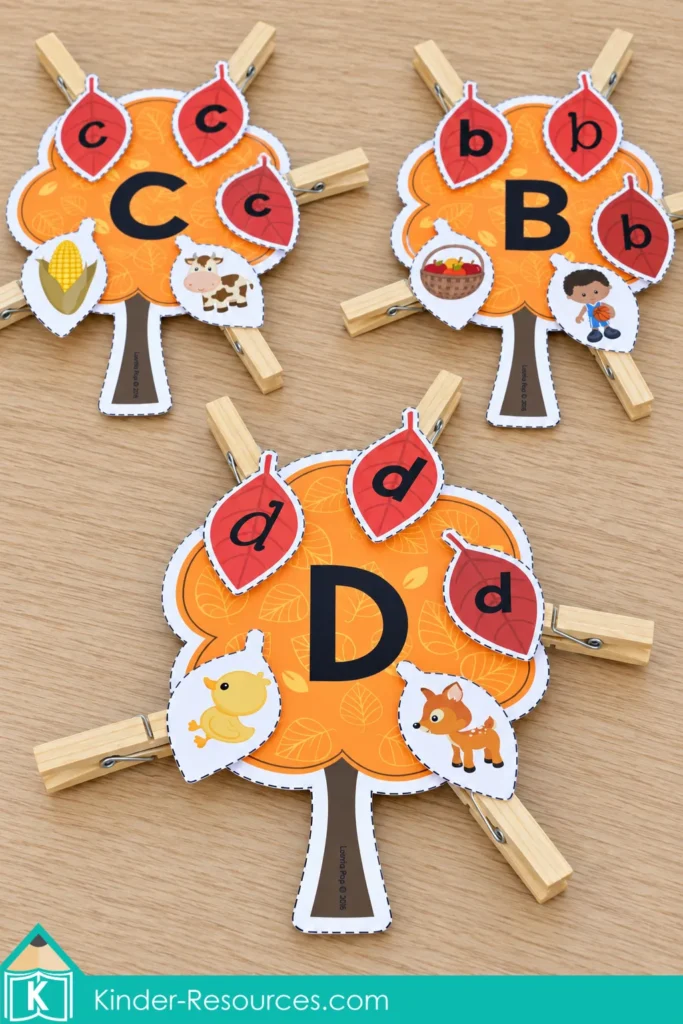B, C, and D alphabet trees for fall preschool centers with matching lowercase letter leaves and beginning sound pictures.