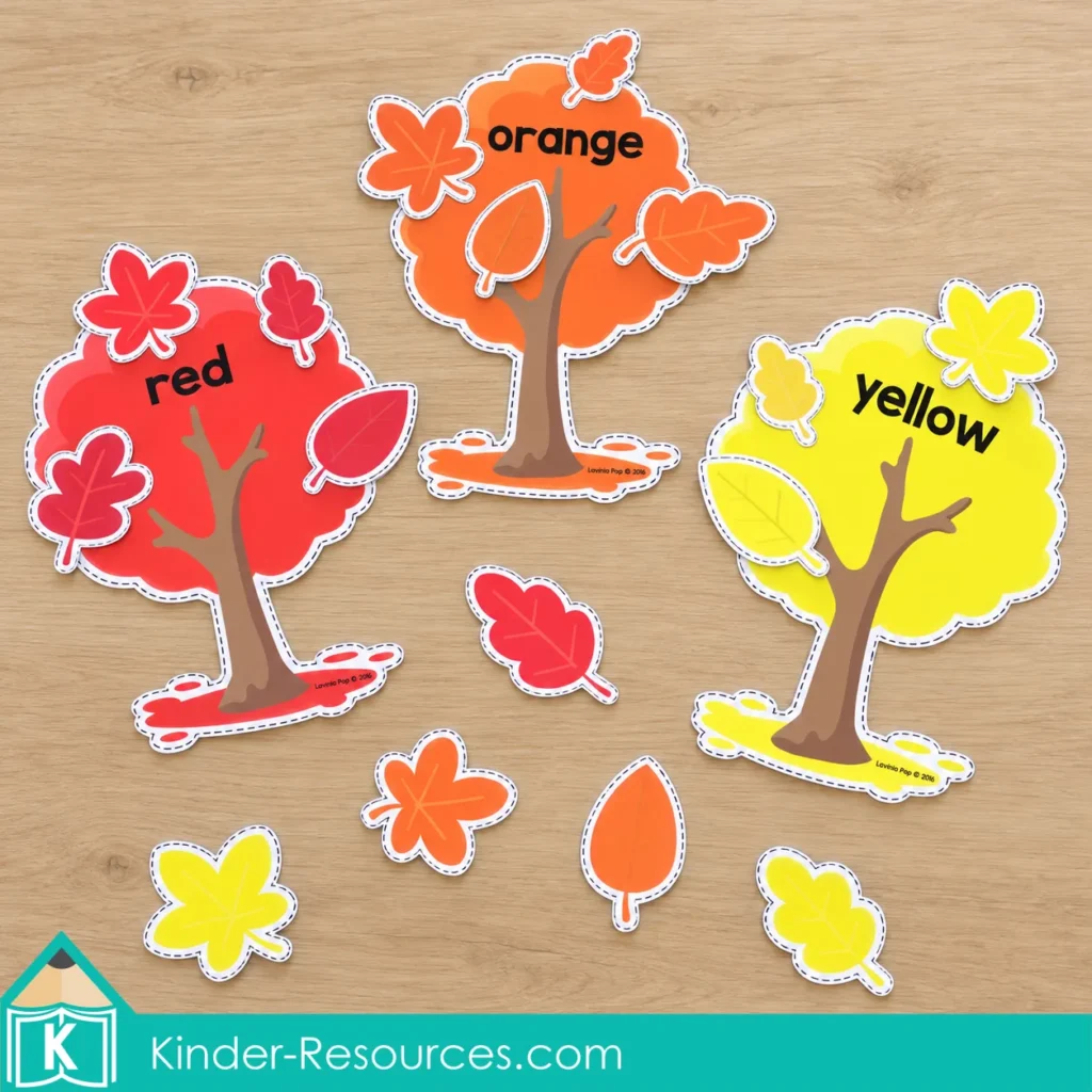 Red, orange, and yellow trees for fall preschool centers with matching colored leaves in different shapes.