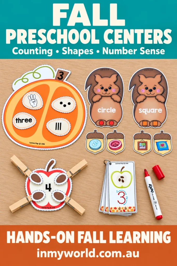 Fall preschool centers pin showing pumpkin number matching, squirrel shape sorting, apple counting, and number tracing.
