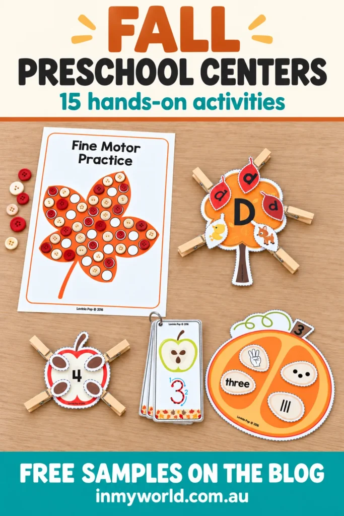 Fall preschool centers Pinterest graphic showing literacy, math, and fine motor activities with a free samples callout.