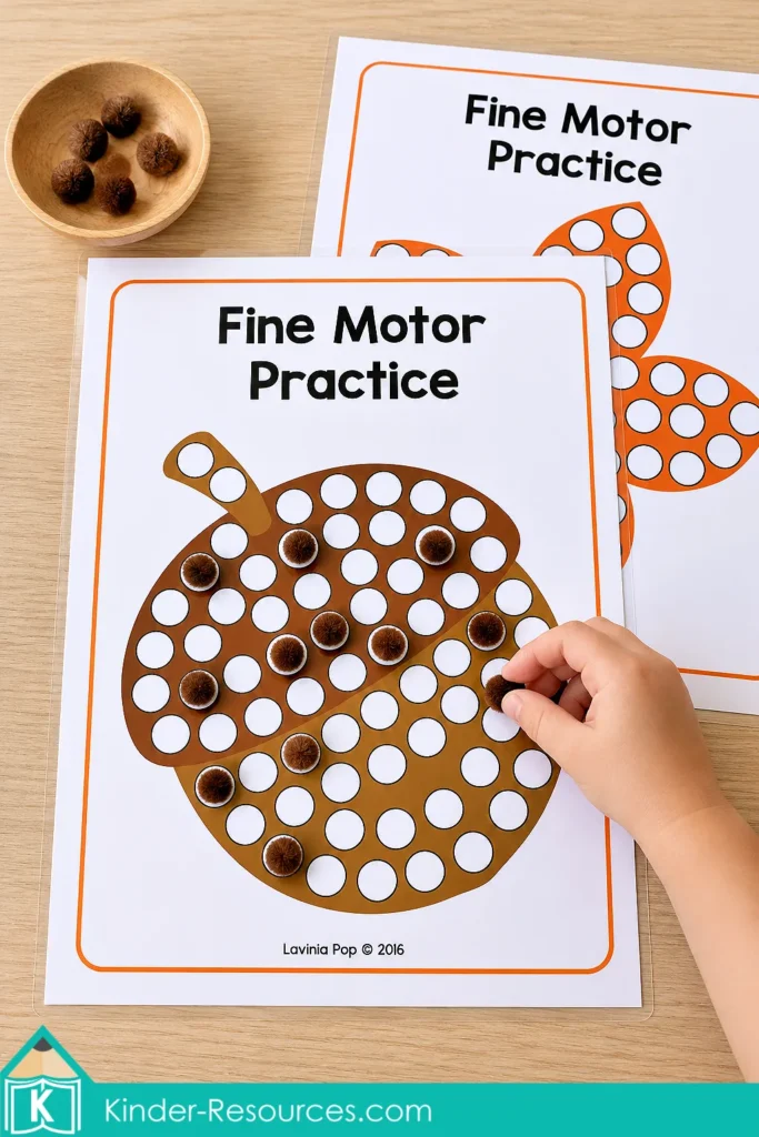 Child placing brown pom-poms onto the circles of an acorn fine motor mat for fall preschool centers.